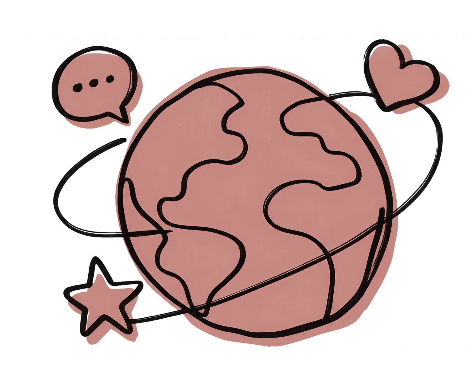 a drawing of a red earth with
        a heart, chat bubble and star orbiting