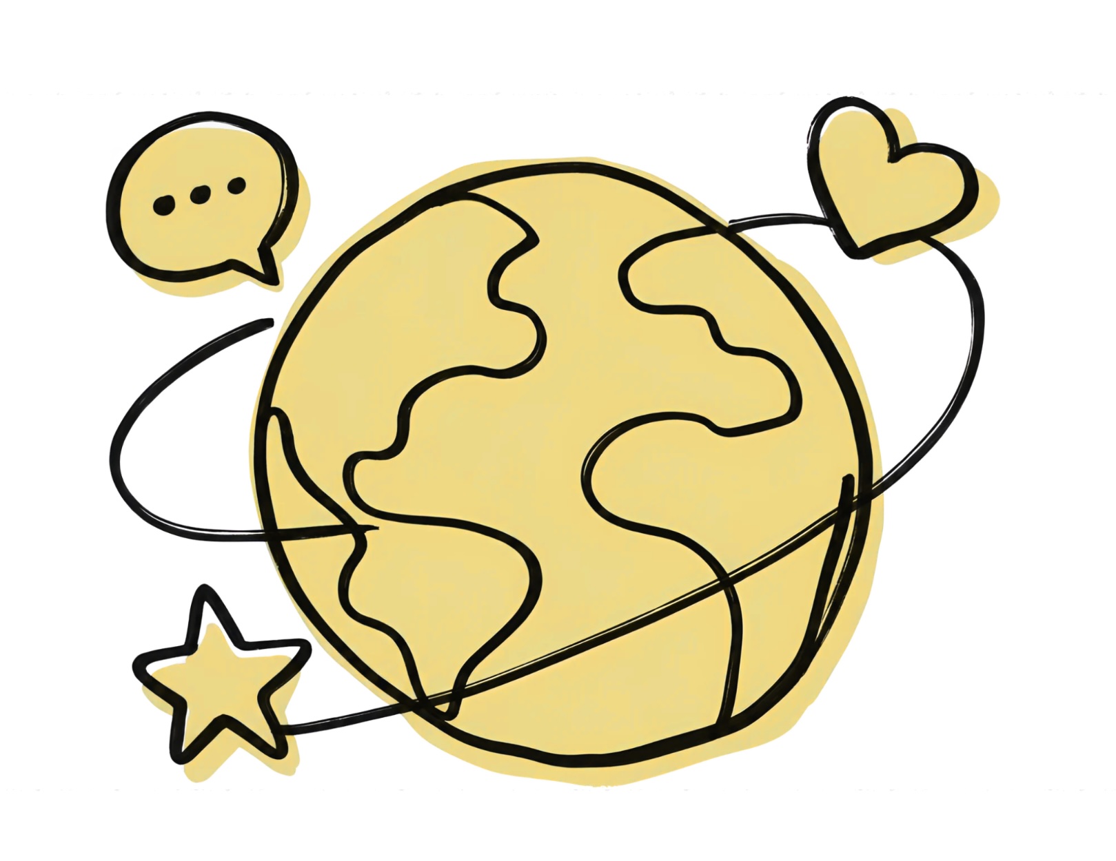 a drawing of a yellow earth
        with a heart, chat bubble and star orbiting