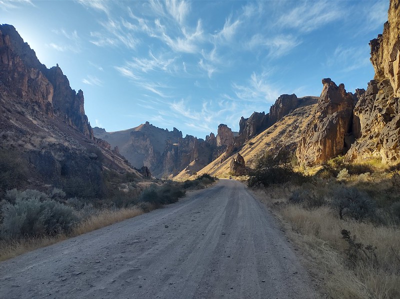 Imposing rocks with a road going through it, in Leslie
        Gulch