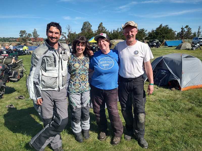 Jayne and Stefan in a photo with RTW motorcycle travelers Tim and Marisa Notier