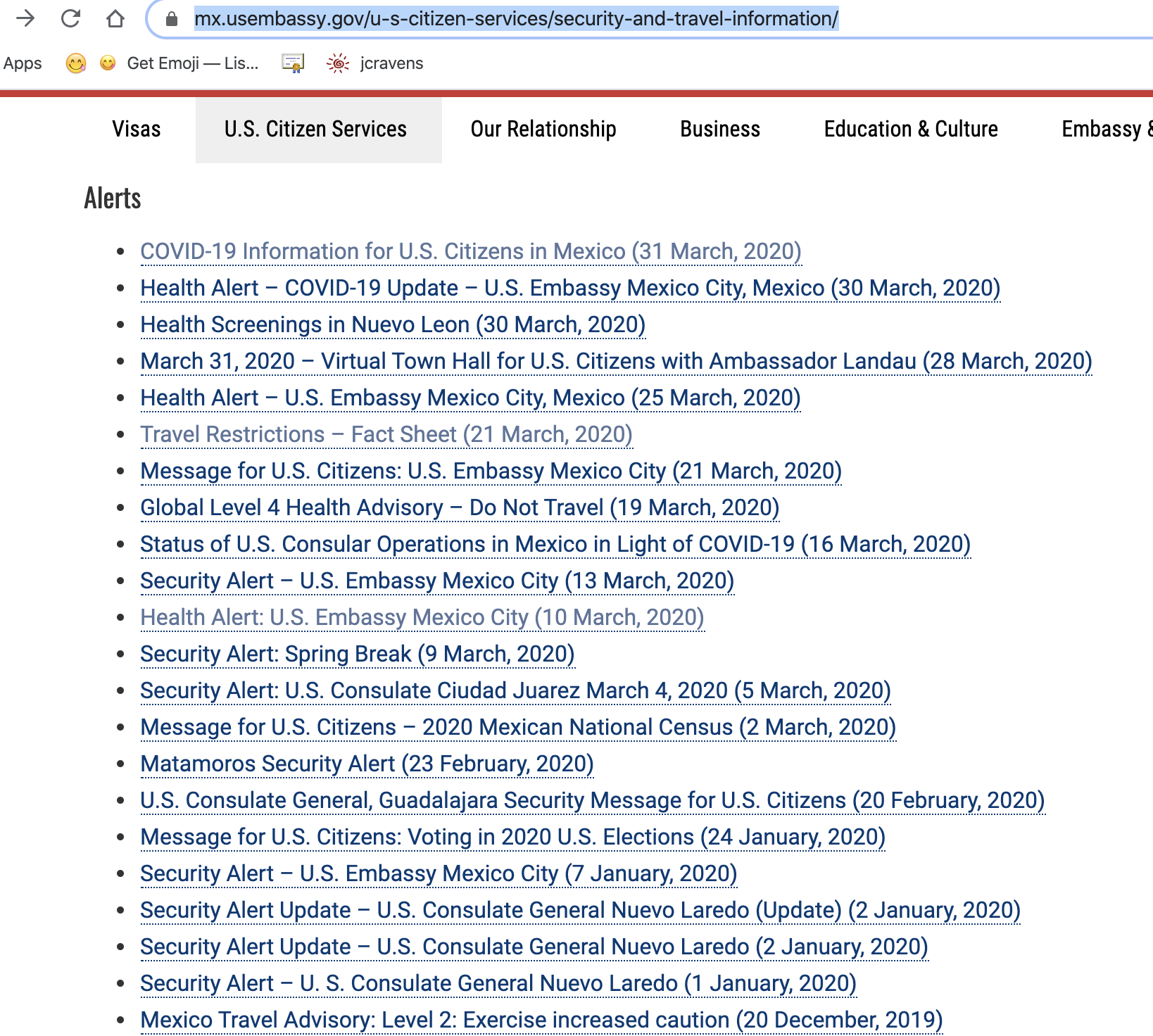 a list of titles from US State Department Security alerts for Mexico