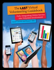 cover of Virtual Volunteering book with hands raising up various Internet connected devices