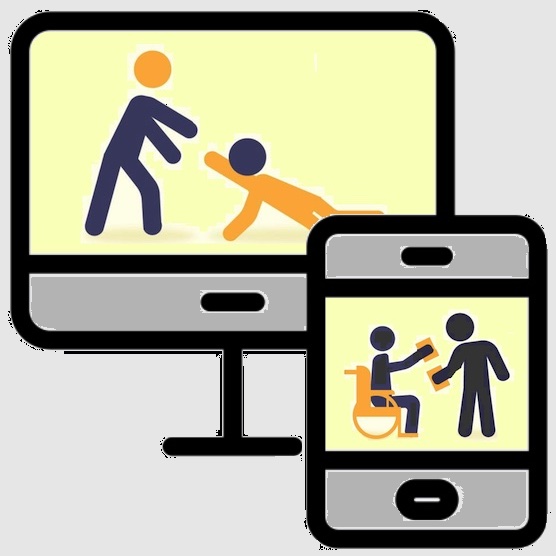 Cartoonish images that show people helping people, and the images are on cartoon images of a computer and tablet