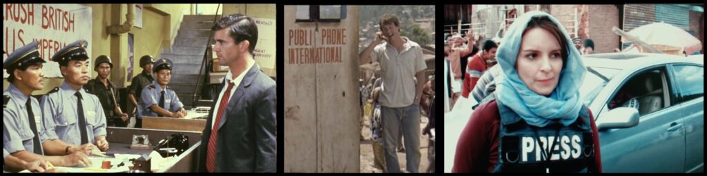 Three scenes from the movies listed. The first is a white man of European descent facing several angry Asian uniformed officials, the second is a white man using a phone in the middle of a chaotic African village, next to a wooden sign painted with the words "Public phone international", and the third is a woman in a head scarf and also wearing a vest that says PRESS, with shouting men and a car behind her. 