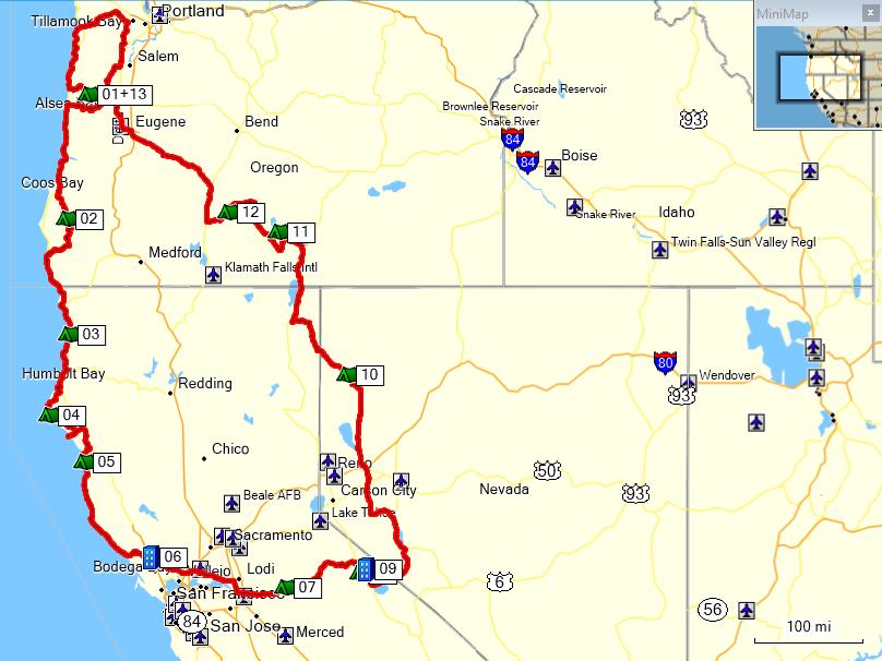 a map showing parts of Oregon,
        Northern California and Western Nevada, with a red line showing
        a route